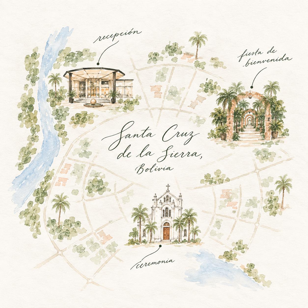 Mapa acuarela de Santa Cruz de la Sierra con la recepción, la ceremonia y la fiesta de bienvenida.